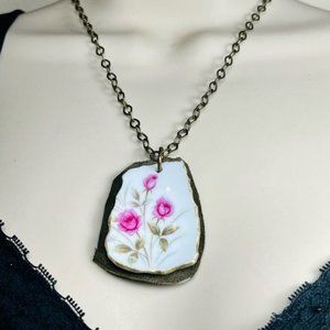 Artisan Broken China Leather Necklace Handcrafted W/ Floret China Teacup